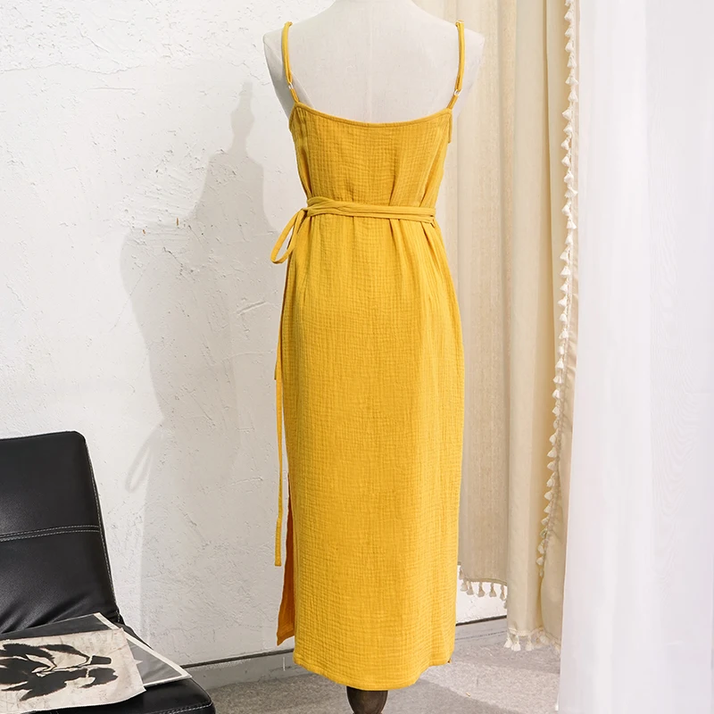 Summer 100% Cotton Muslin Women'S Dress V-Neck Tie-Up Sexy Sleeveless Bandage Long Maxi Dresses Party Holiday Vestido