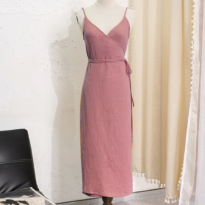 Summer 100% Cotton Muslin Women'S Dress V-Neck Tie-Up Sexy Sleeveless Bandage Long Maxi Dresses Party Holiday Vestido