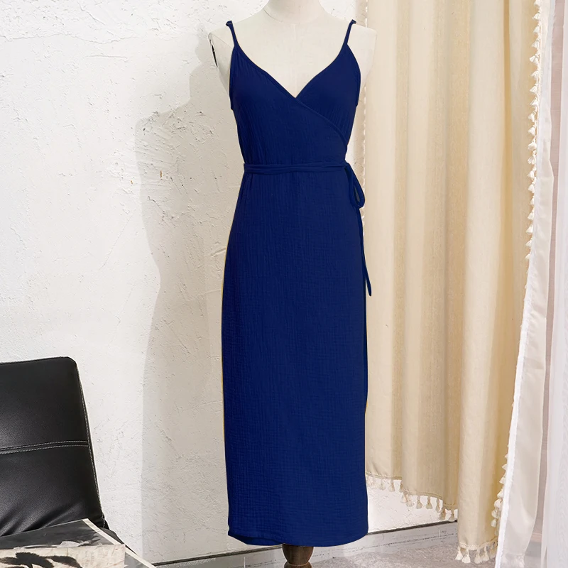 Summer 100% Cotton Muslin Women'S Dress V-Neck Tie-Up Sexy Sleeveless Bandage Long Maxi Dresses Party Holiday Vestido
