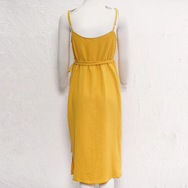 Summer 100% Cotton Muslin Women'S Dress V-Neck Tie-Up Sexy Sleeveless Bandage Long Maxi Dresses Party Holiday Vestido