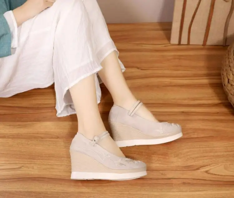 Vintage Embroidered Cotton Fabric Women Wedge Pumps Platform Mary Jane High Heels Ladies Spring Summer Sandals Retro Dance Shoes