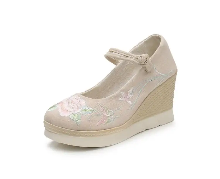Vintage Embroidered Cotton Fabric Women Wedge Pumps Platform Mary Jane High Heels Ladies Spring Summer Sandals Retro Dance Shoes