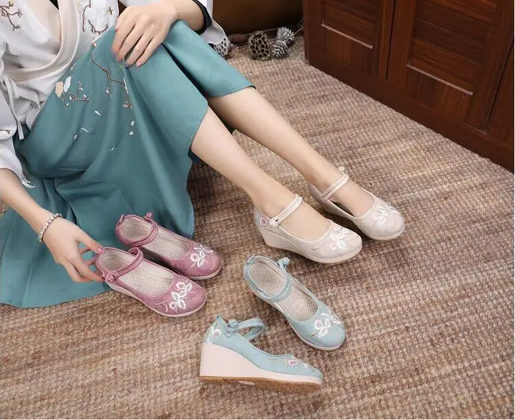Vintage Embroidered Cotton Fabric Women Wedge Pumps Platform Mary Jane High Heels Ladies Spring Summer Sandals Retro Dance Shoes