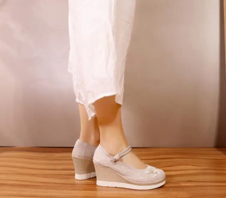 Vintage Embroidered Cotton Fabric Women Wedge Pumps Platform Mary Jane High Heels Ladies Spring Summer Sandals Retro Dance Shoes