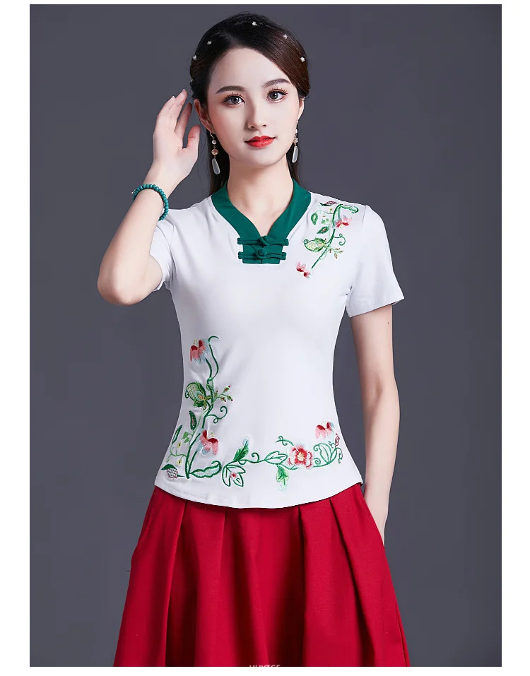 UHYTGF Vintage Women's 6XLOversized T-Shirt Fashion Embroidered V-neck Short Sleeve Summer Clothes Slim Female Tops T-Shirt 1451