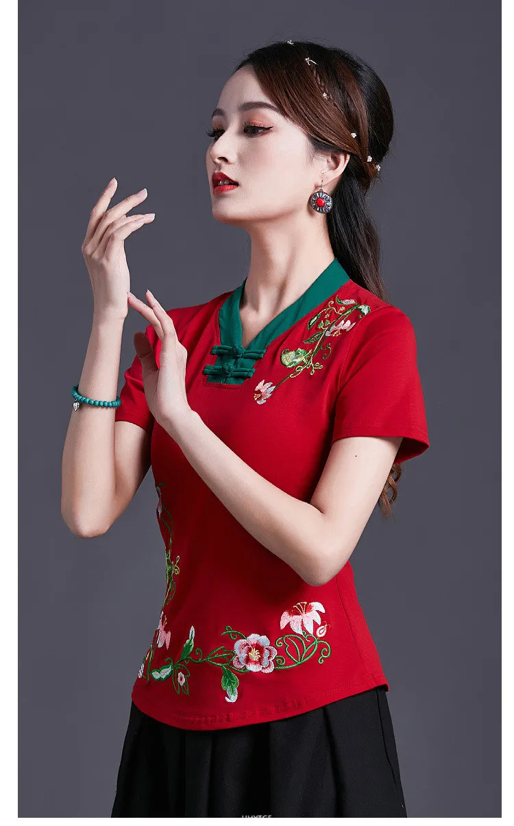 UHYTGF Vintage Women's 6XLOversized T-Shirt Fashion Embroidered V-neck Short Sleeve Summer Clothes Slim Female Tops T-Shirt 1451