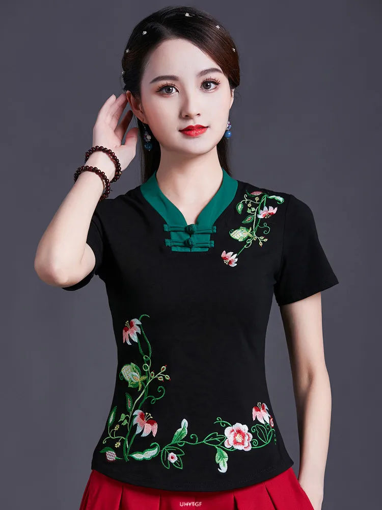 UHYTGF Vintage Women's 6XLOversized T-Shirt Fashion Embroidered V-neck Short Sleeve Summer Clothes Slim Female Tops T-Shirt 1451