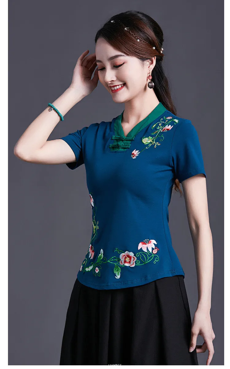 UHYTGF Vintage Women's 6XLOversized T-Shirt Fashion Embroidered V-neck Short Sleeve Summer Clothes Slim Female Tops T-Shirt 1451