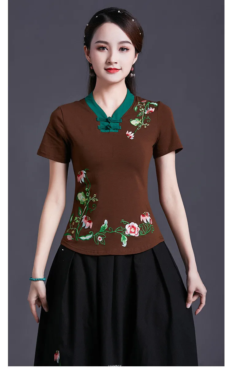 UHYTGF Vintage Women's 6XLOversized T-Shirt Fashion Embroidered V-neck Short Sleeve Summer Clothes Slim Female Tops T-Shirt 1451