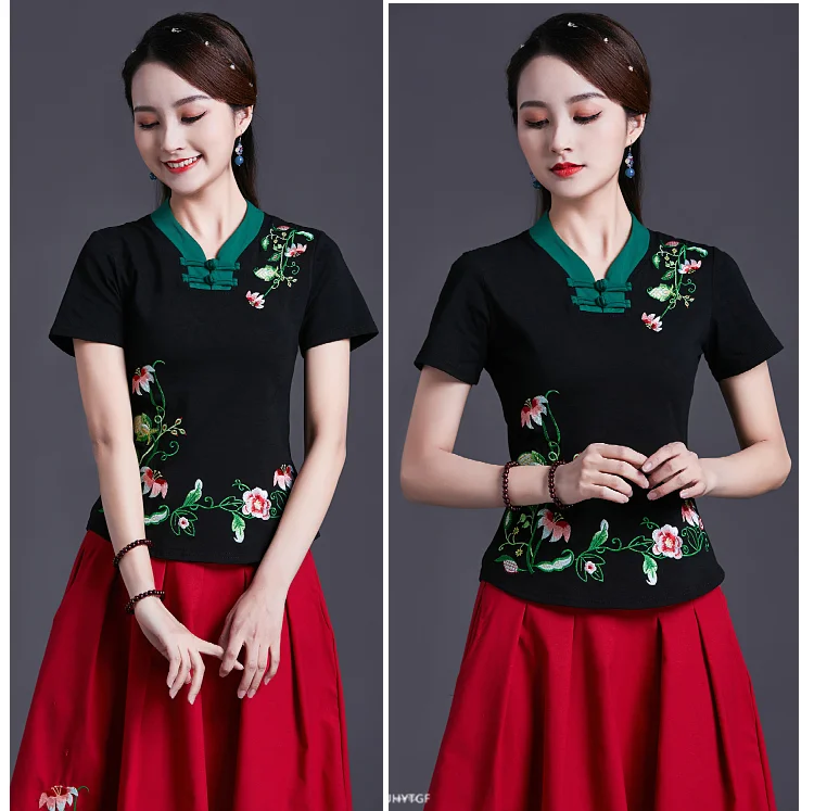 UHYTGF Vintage Women's 6XLOversized T-Shirt Fashion Embroidered V-neck Short Sleeve Summer Clothes Slim Female Tops T-Shirt 1451