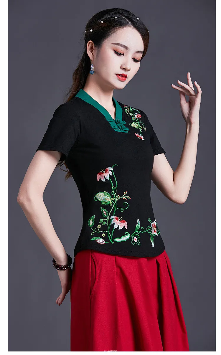 UHYTGF Vintage Women's 6XLOversized T-Shirt Fashion Embroidered V-neck Short Sleeve Summer Clothes Slim Female Tops T-Shirt 1451