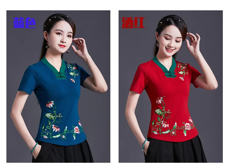 UHYTGF Vintage Women's 6XLOversized T-Shirt Fashion Embroidered V-neck Short Sleeve Summer Clothes Slim Female Tops T-Shirt 1451