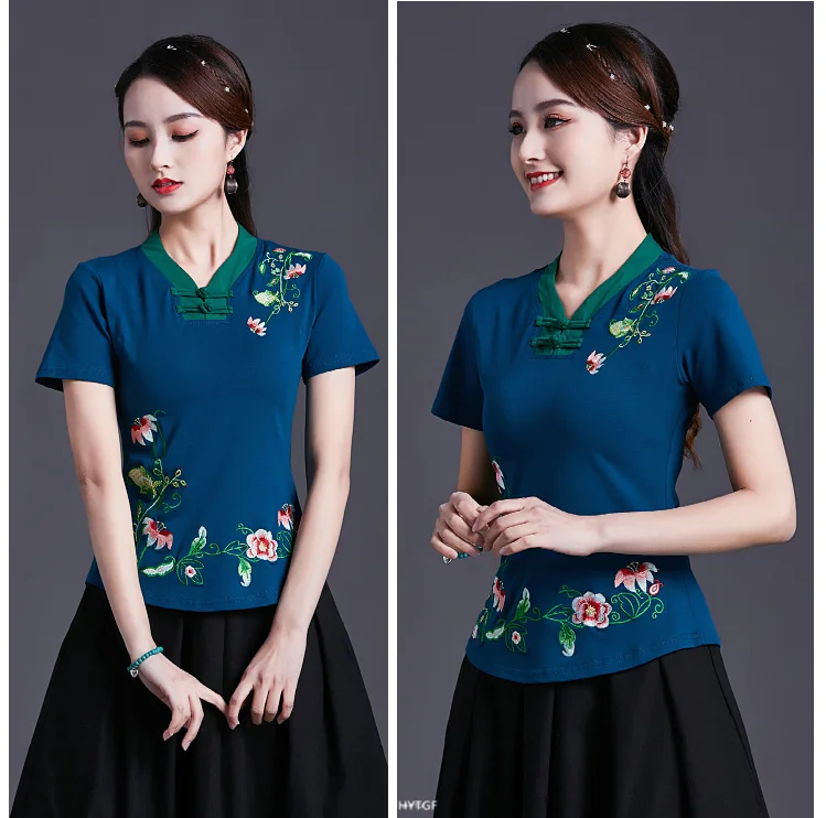 UHYTGF Vintage Women's 6XLOversized T-Shirt Fashion Embroidered V-neck Short Sleeve Summer Clothes Slim Female Tops T-Shirt 1451