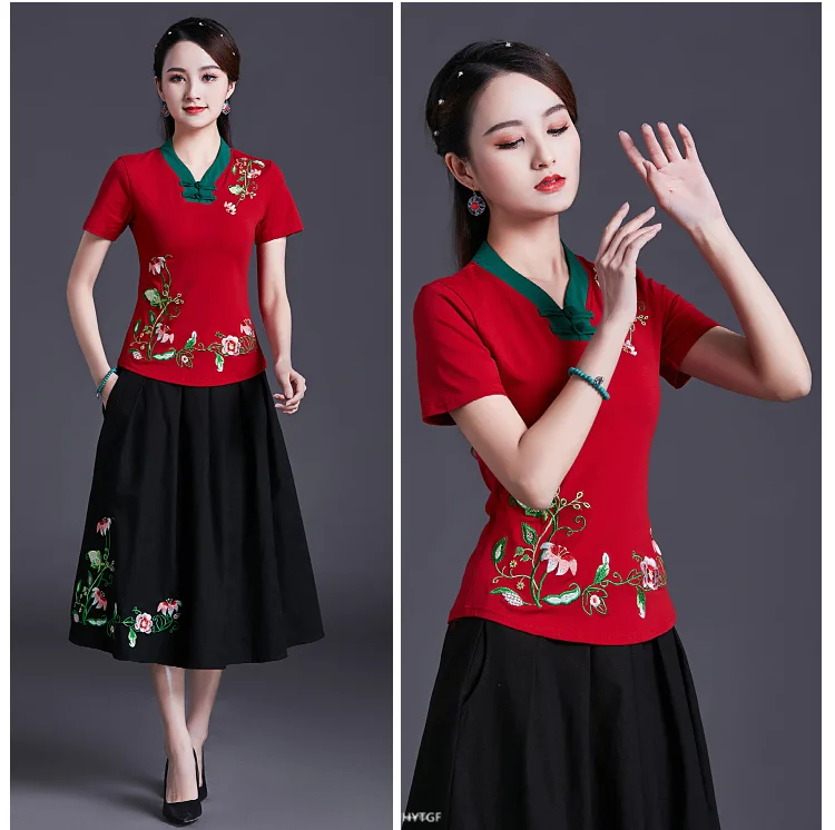 UHYTGF Vintage Women's 6XLOversized T-Shirt Fashion Embroidered V-neck Short Sleeve Summer Clothes Slim Female Tops T-Shirt 1451