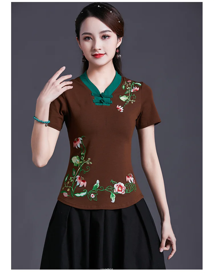 UHYTGF Vintage Women's 6XLOversized T-Shirt Fashion Embroidered V-neck Short Sleeve Summer Clothes Slim Female Tops T-Shirt 1451