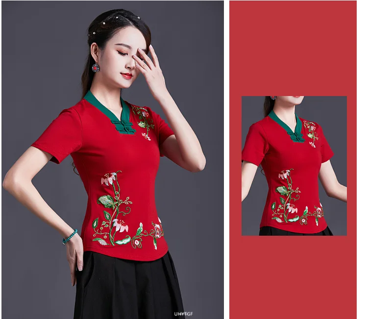 UHYTGF Vintage Women's 6XLOversized T-Shirt Fashion Embroidered V-neck Short Sleeve Summer Clothes Slim Female Tops T-Shirt 1451