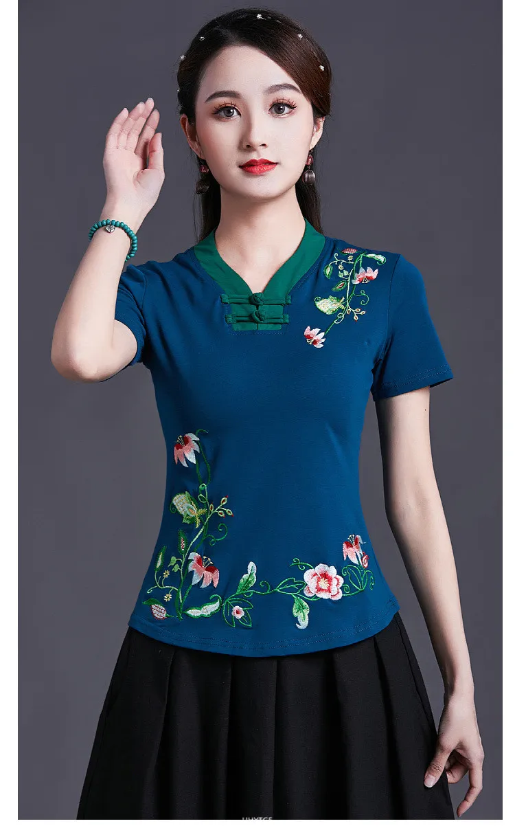 UHYTGF Vintage Women's 6XLOversized T-Shirt Fashion Embroidered V-neck Short Sleeve Summer Clothes Slim Female Tops T-Shirt 1451