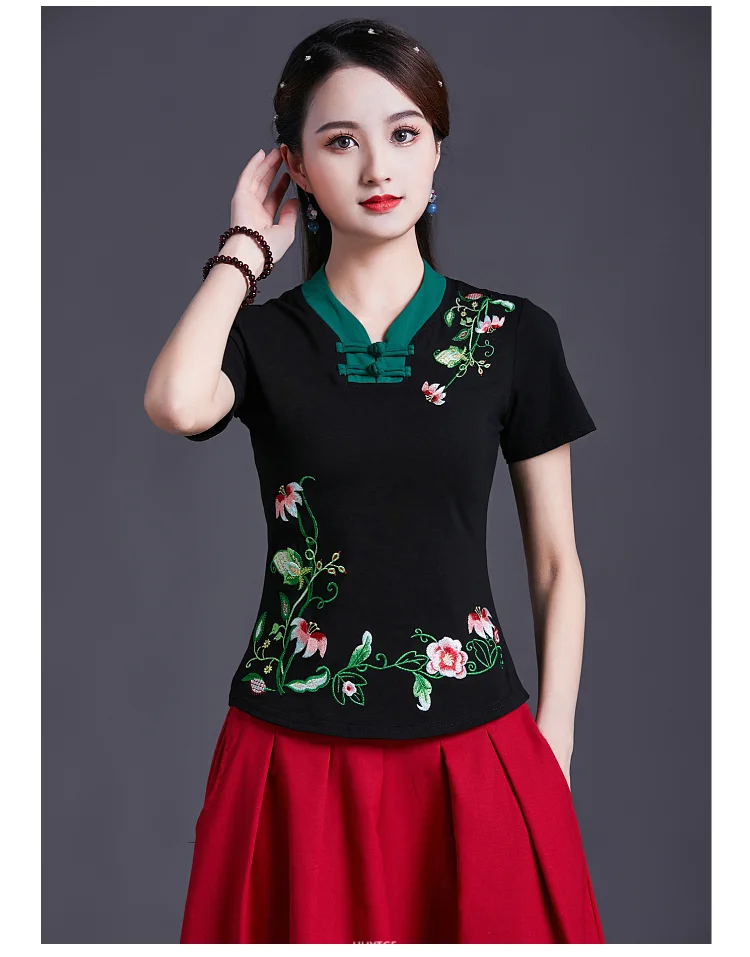 UHYTGF Vintage Women's 6XLOversized T-Shirt Fashion Embroidered V-neck Short Sleeve Summer Clothes Slim Female Tops T-Shirt 1451