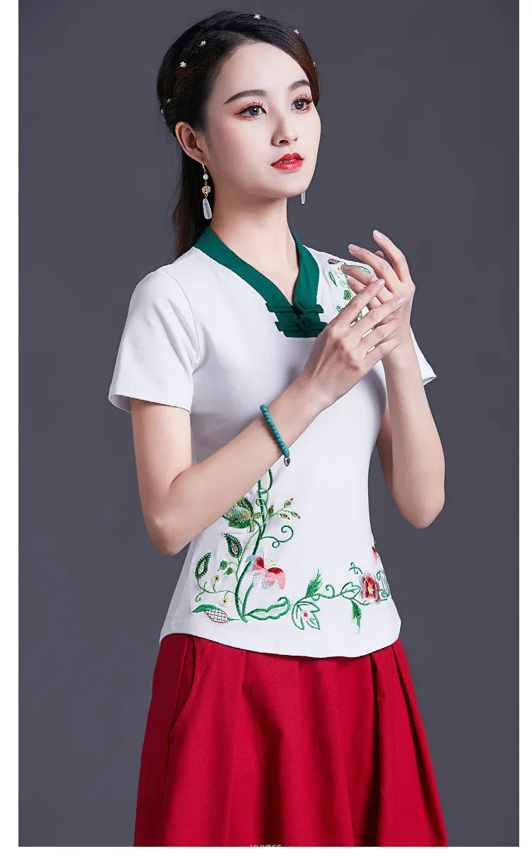 UHYTGF Vintage Women's 6XLOversized T-Shirt Fashion Embroidered V-neck Short Sleeve Summer Clothes Slim Female Tops T-Shirt 1451