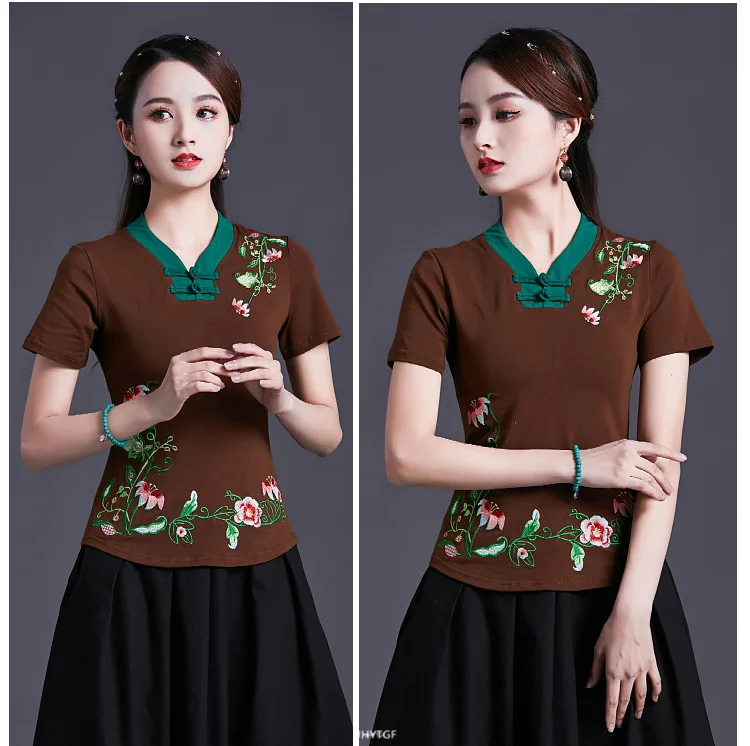 UHYTGF Vintage Women's 6XLOversized T-Shirt Fashion Embroidered V-neck Short Sleeve Summer Clothes Slim Female Tops T-Shirt 1451