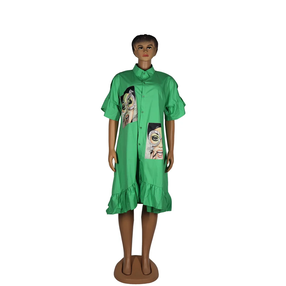 African mom fashion dress map Diamond decorative lotus leaf sleeve lapel button casual