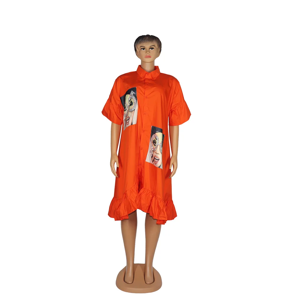African mom fashion dress map Diamond decorative lotus leaf sleeve lapel button casual