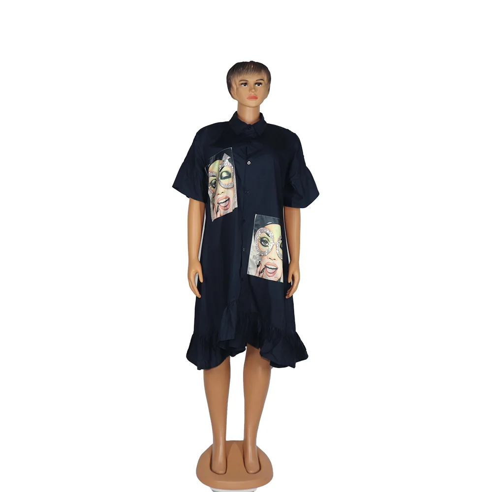 African mom fashion dress map Diamond decorative lotus leaf sleeve lapel button casual