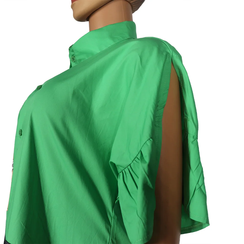African mom fashion dress map Diamond decorative lotus leaf sleeve lapel button casual