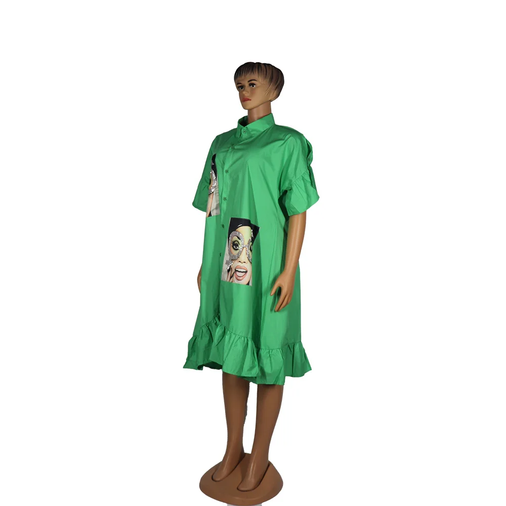 African mom fashion dress map Diamond decorative lotus leaf sleeve lapel button casual
