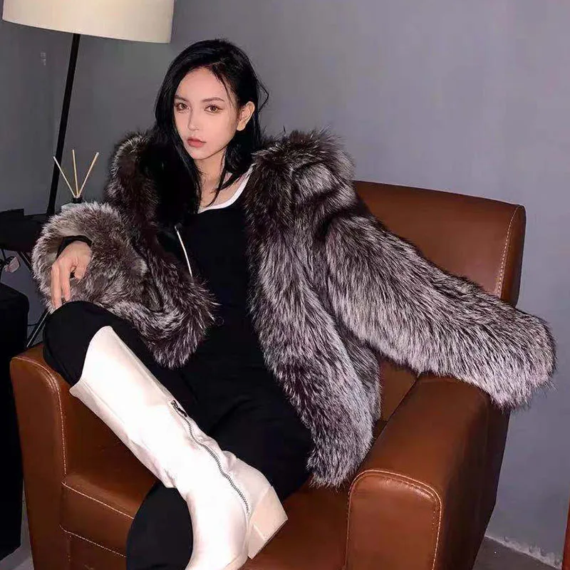FANPUGUIZHEN-Faux Fox Fur Coat for Women, Thick Overcoat, Fake Fur Jacket, Fashion Mink Outwear, Winter