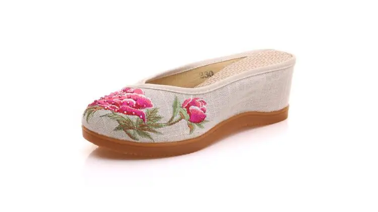 Women Canvas Embroider Wedges Slippers Ladies Vintage Summer Shoe Backless Closed toe Sandals for Girls Retro Slides Beach Shoes