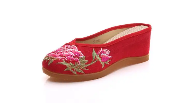 Women Canvas Embroider Wedges Slippers Ladies Vintage Summer Shoe Backless Closed toe Sandals for Girls Retro Slides Beach Shoes