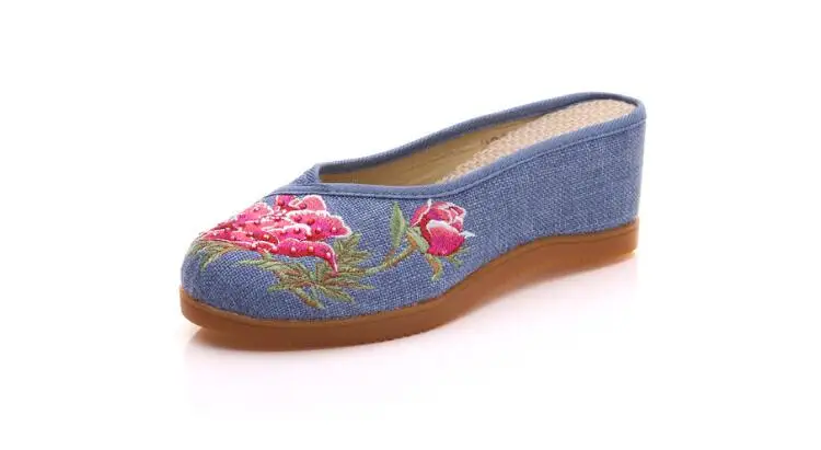 Women Canvas Embroider Wedges Slippers Ladies Vintage Summer Shoe Backless Closed toe Sandals for Girls Retro Slides Beach Shoes
