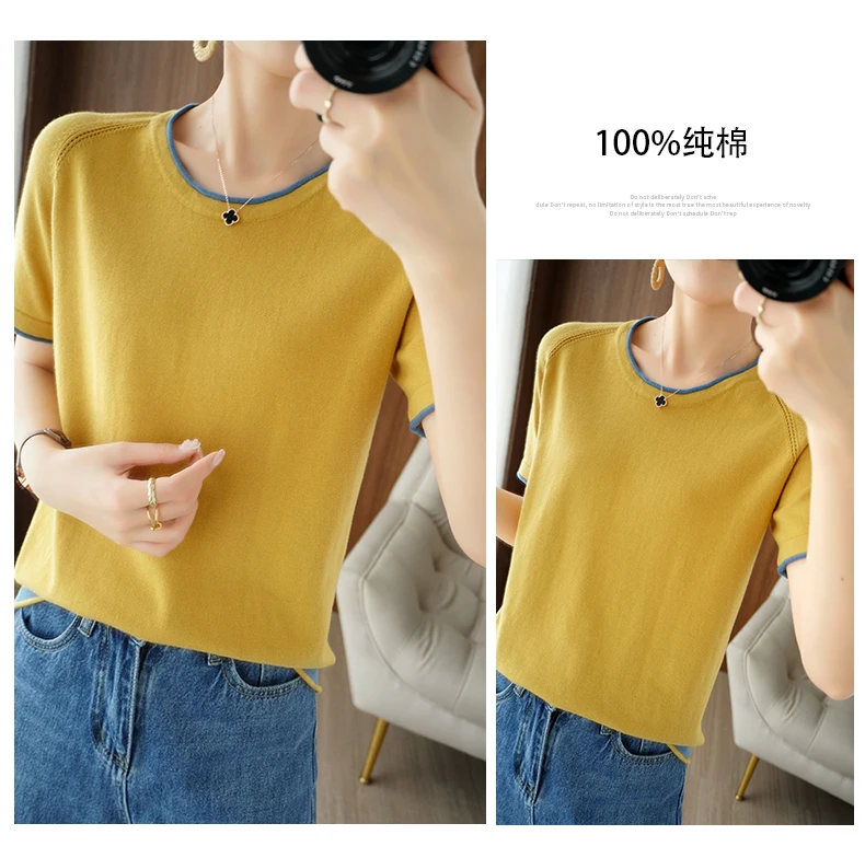 T-shirt women 2022 new round neck sweater casual top women tees slim Korean pullover large size cotton short sleeve hot sale