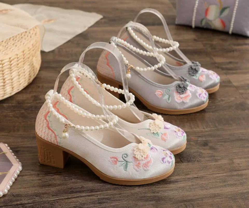 Women Vintage Pearls Ankle Strap Pump Ladies Ethnic Embroidered High Heels Spring Mary Jane Block Heel Dress Shoes for Female
