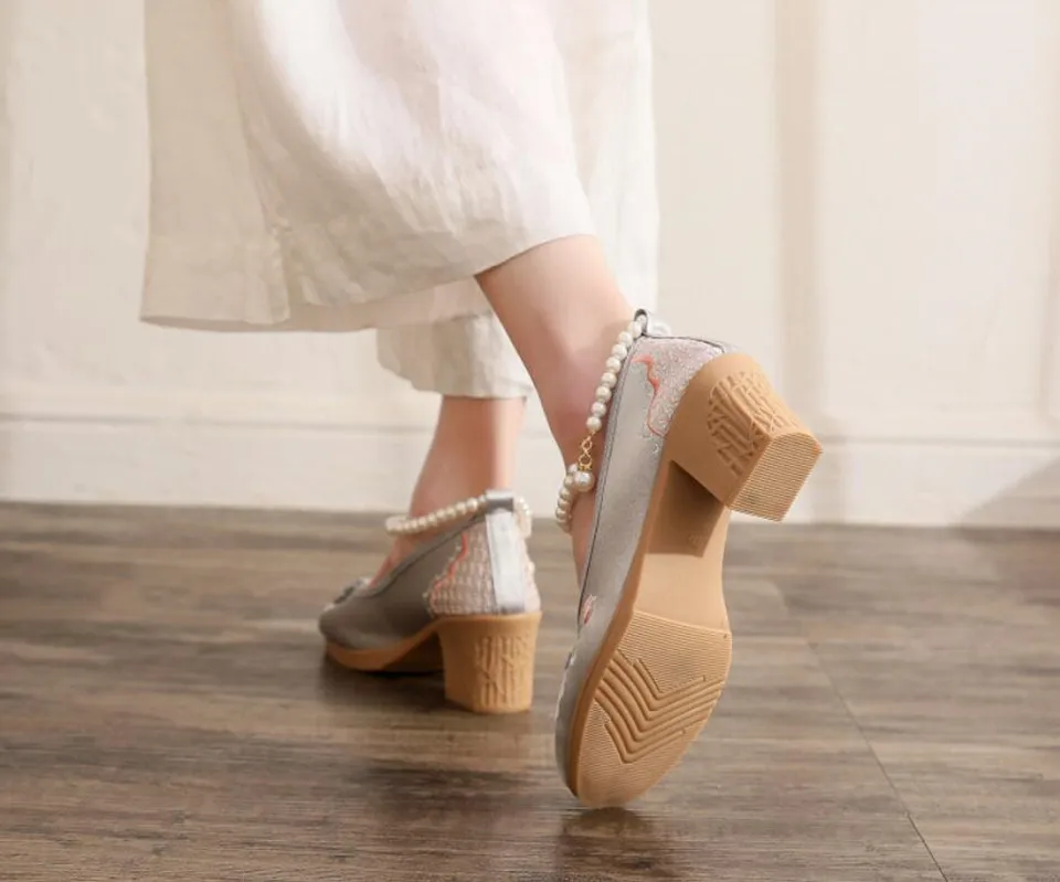 Women Vintage Pearls Ankle Strap Pump Ladies Ethnic Embroidered High Heels Spring Mary Jane Block Heel Dress Shoes for Female