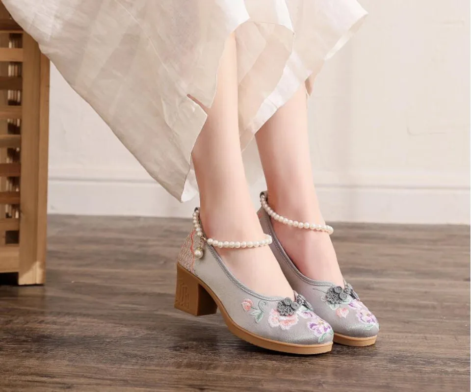 Women Vintage Pearls Ankle Strap Pump Ladies Ethnic Embroidered High Heels Spring Mary Jane Block Heel Dress Shoes for Female