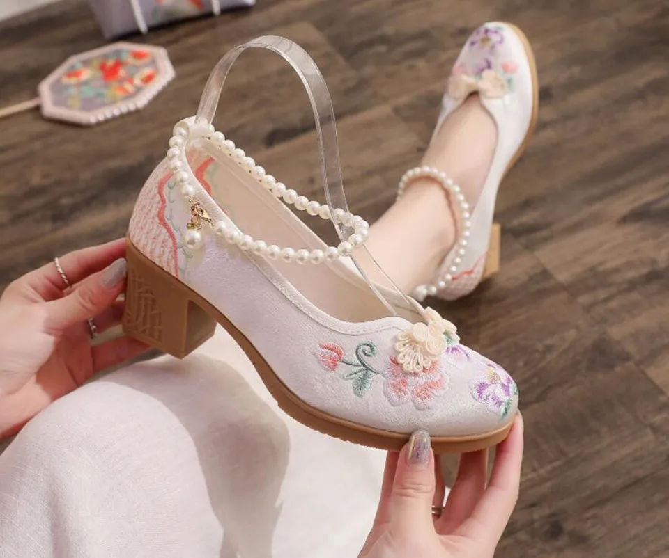 Women Vintage Pearls Ankle Strap Pump Ladies Ethnic Embroidered High Heels Spring Mary Jane Block Heel Dress Shoes for Female