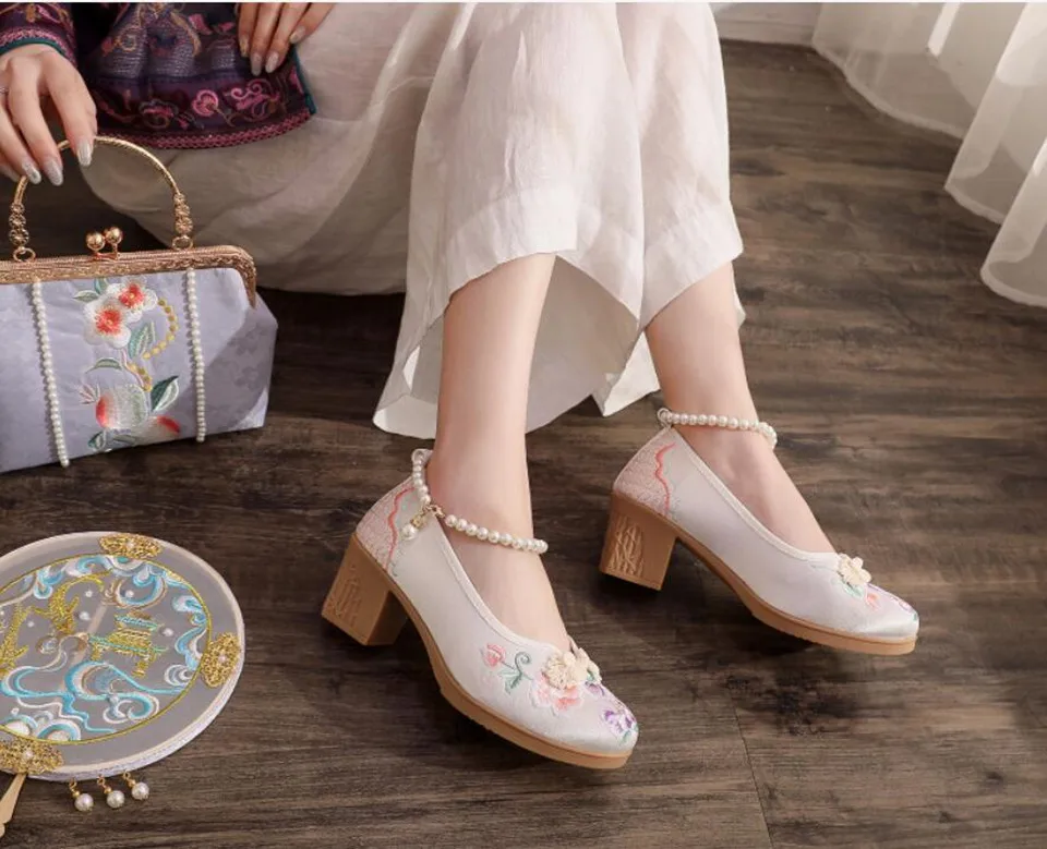 Women Vintage Pearls Ankle Strap Pump Ladies Ethnic Embroidered High Heels Spring Mary Jane Block Heel Dress Shoes for Female