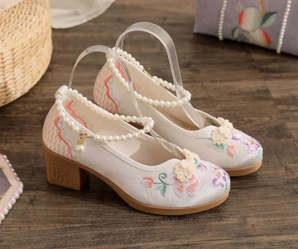 Women Vintage Pearls Ankle Strap Pump Ladies Ethnic Embroidered High Heels Spring Mary Jane Block Heel Dress Shoes for Female