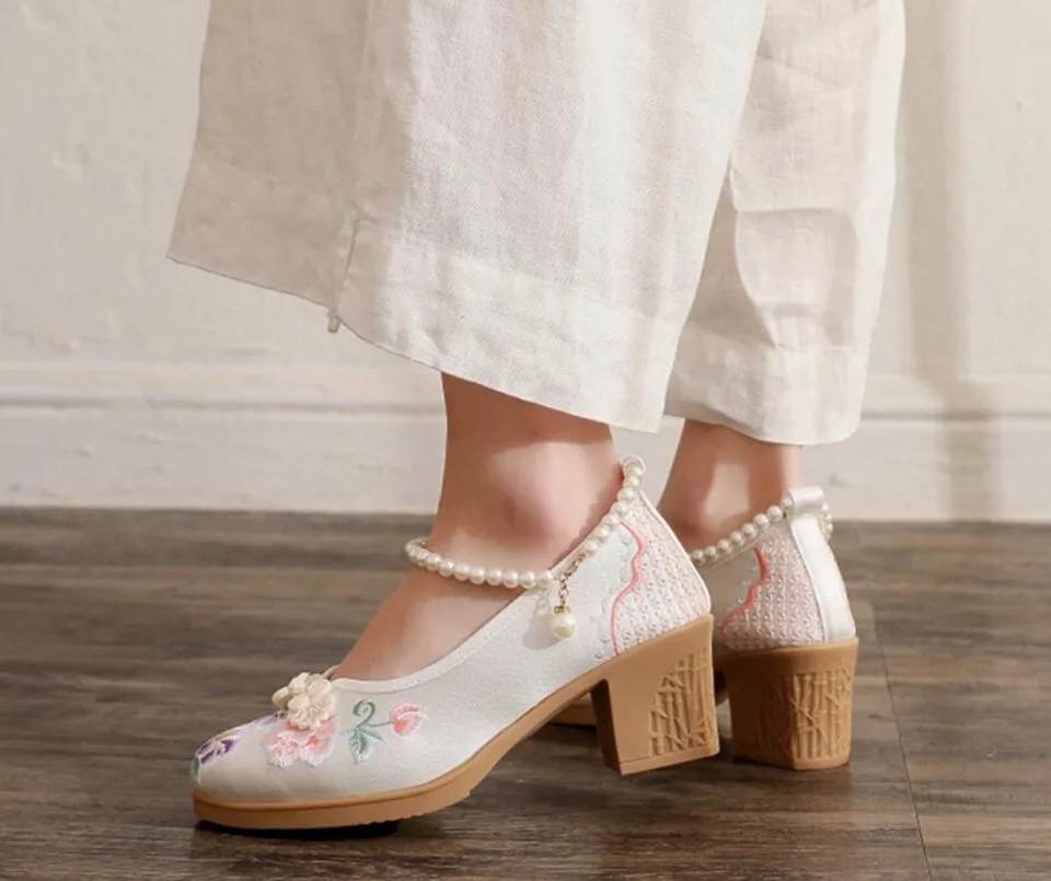 Women Vintage Pearls Ankle Strap Pump Ladies Ethnic Embroidered High Heels Spring Mary Jane Block Heel Dress Shoes for Female