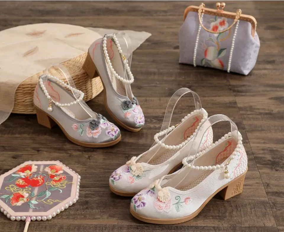 Women Vintage Pearls Ankle Strap Pump Ladies Ethnic Embroidered High Heels Spring Mary Jane Block Heel Dress Shoes for Female