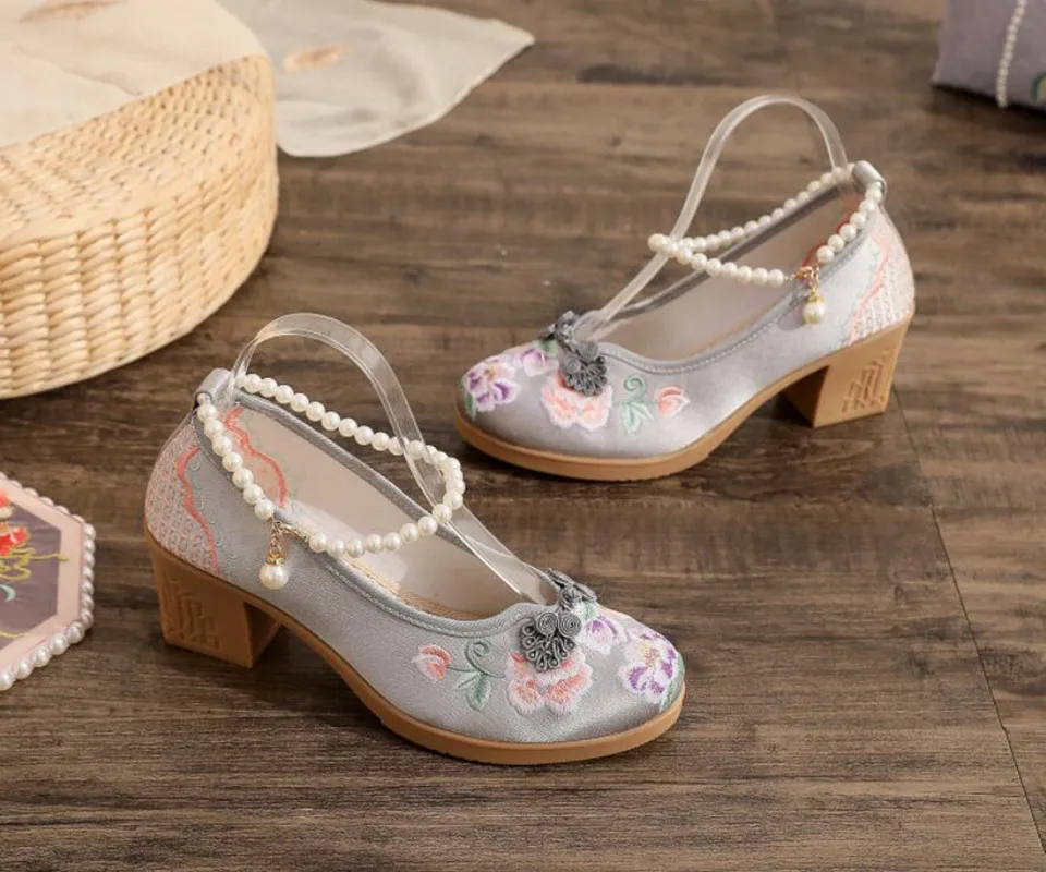 Women Vintage Pearls Ankle Strap Pump Ladies Ethnic Embroidered High Heels Spring Mary Jane Block Heel Dress Shoes for Female