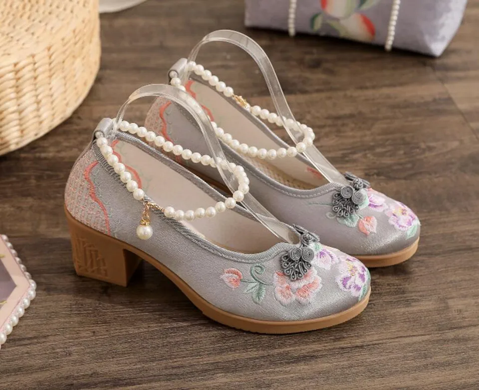 Women Vintage Pearls Ankle Strap Pump Ladies Ethnic Embroidered High Heels Spring Mary Jane Block Heel Dress Shoes for Female