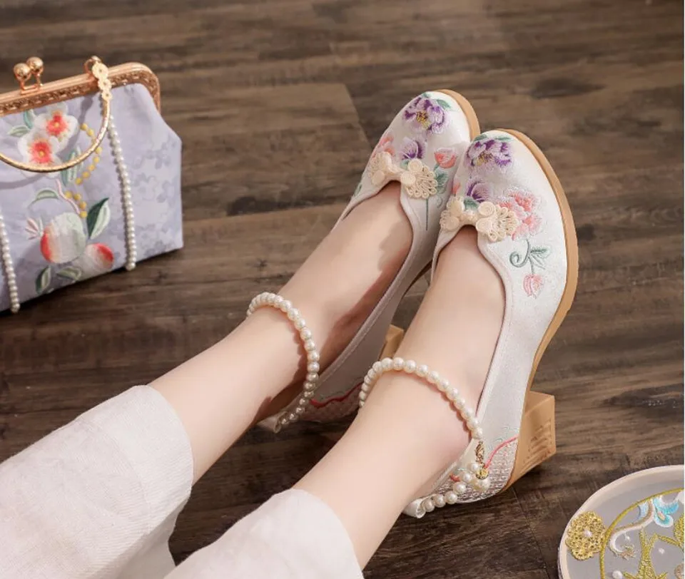 Women Vintage Pearls Ankle Strap Pump Ladies Ethnic Embroidered High Heels Spring Mary Jane Block Heel Dress Shoes for Female