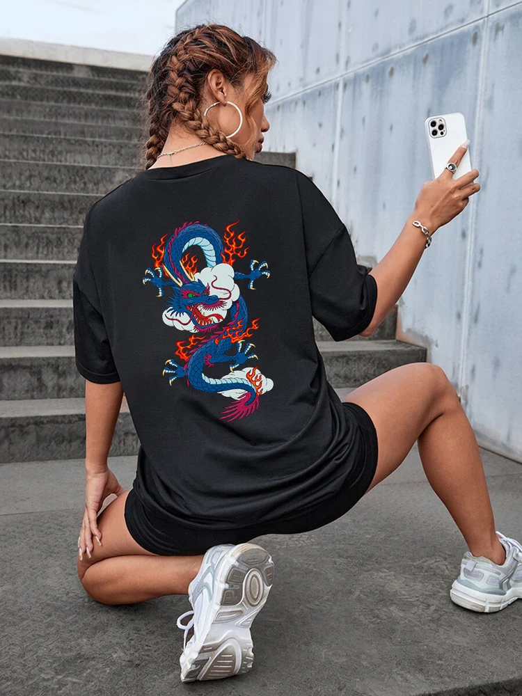 Blue Fire Dragon Creativity Print T-Shirt Female Oversize Casual Tshirt Comfortable Breathable Short Sleeve Cotton Brand Tops