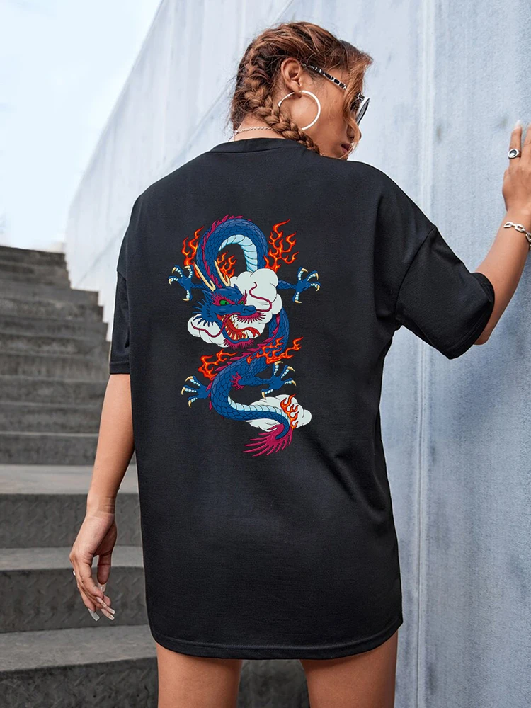 Blue Fire Dragon Creativity Print T-Shirt Female Oversize Casual Tshirt Comfortable Breathable Short Sleeve Cotton Brand Tops