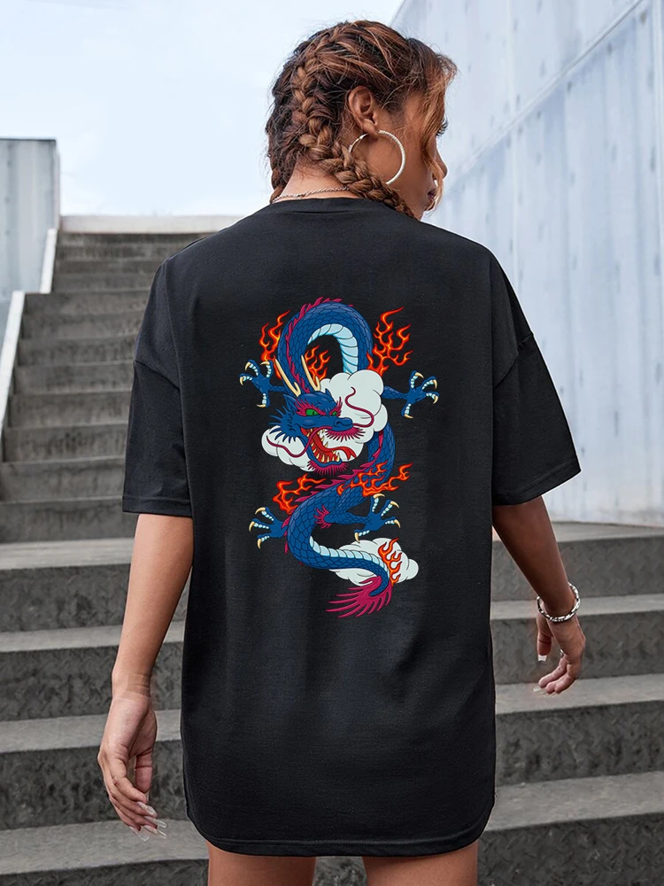 Blue Fire Dragon Creativity Print T-Shirt Female Oversize Casual Tshirt Comfortable Breathable Short Sleeve Cotton Brand Tops