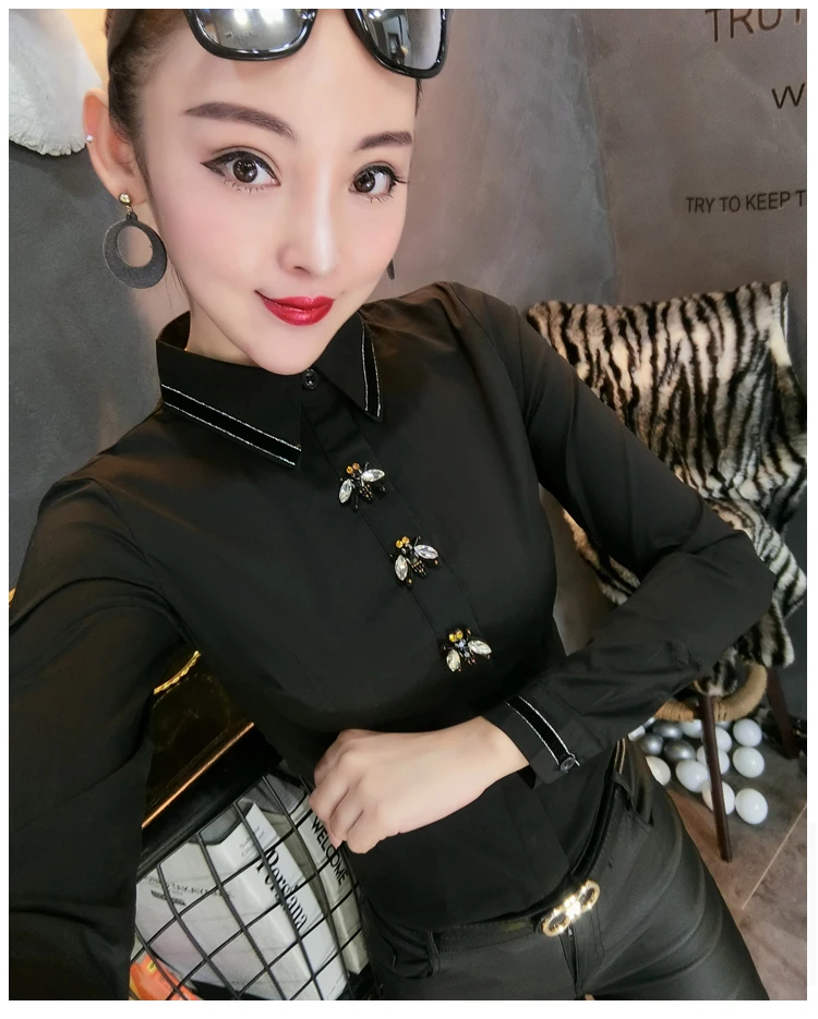 MadBlack European Clothes Lace Blouse Women Sexy Turn Down Collar Embroidery Slim Tops Long Sleeve Shirts Autumn New T38432JM