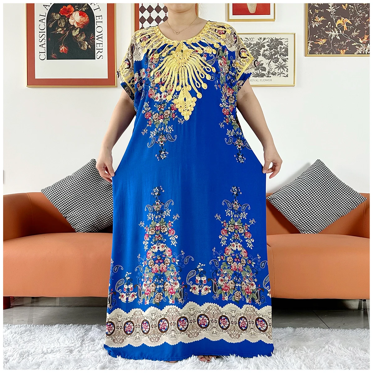 2 Pieces Africa Dashiki Floral Printing Loose Cotton Caftan Lady Summer Maxi Casual Dresses With Scarf  Vestidos Short Sleeve